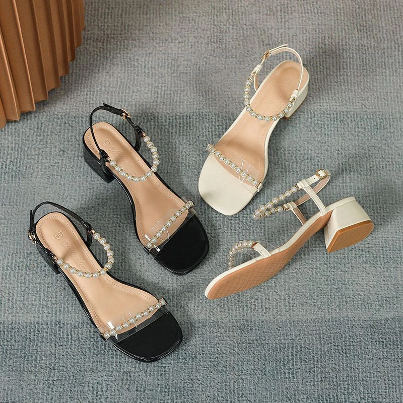 不磨脚鞋子女生配裙透明珍珠小香风夏外穿女鞋3CM粗跟一字带凉鞋