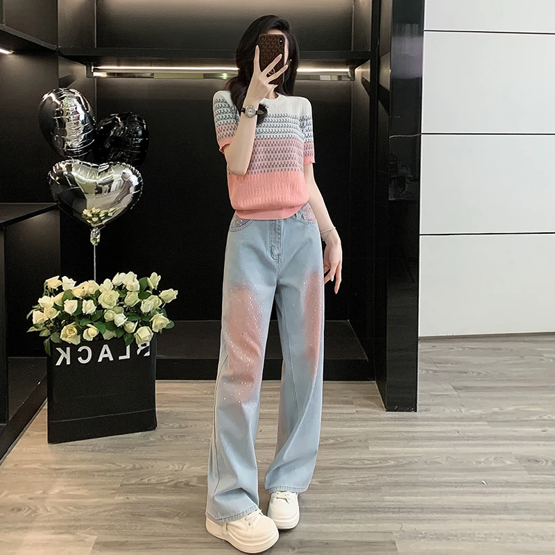 夏季新款复古腮红渐变直筒阔腿拖地牛仔裤显瘦针织衫短袖套装女