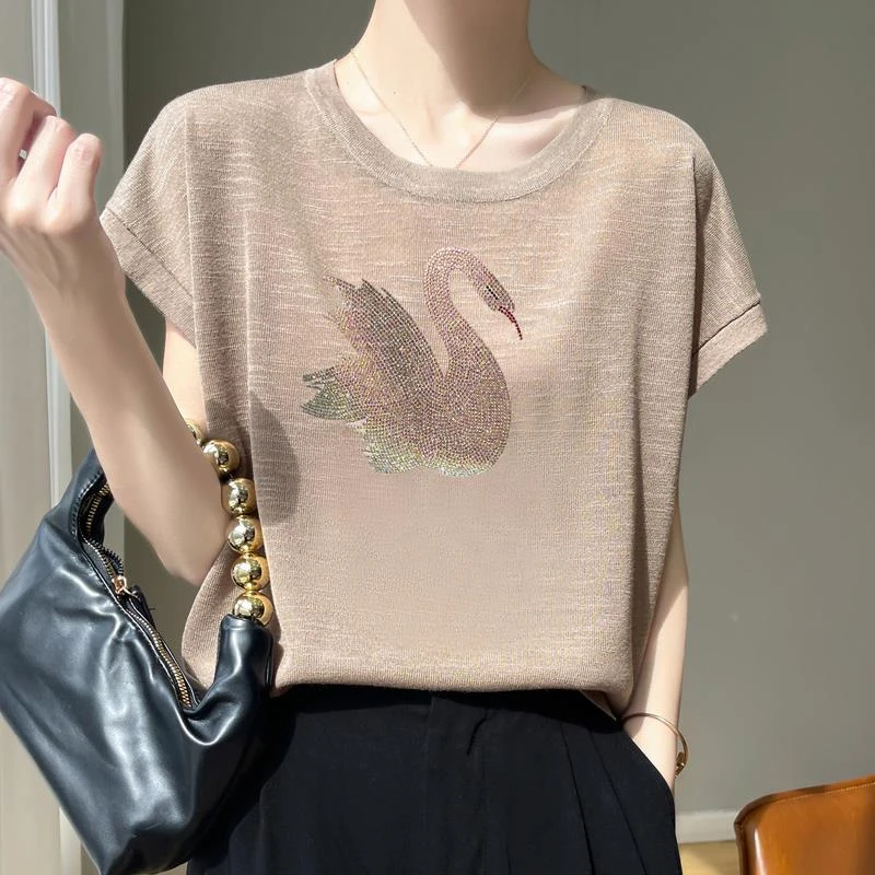 杜拉妮夏宽松大码竹节麻短袖t恤女遮肚子圆领半袖上衣冰丝针织衫