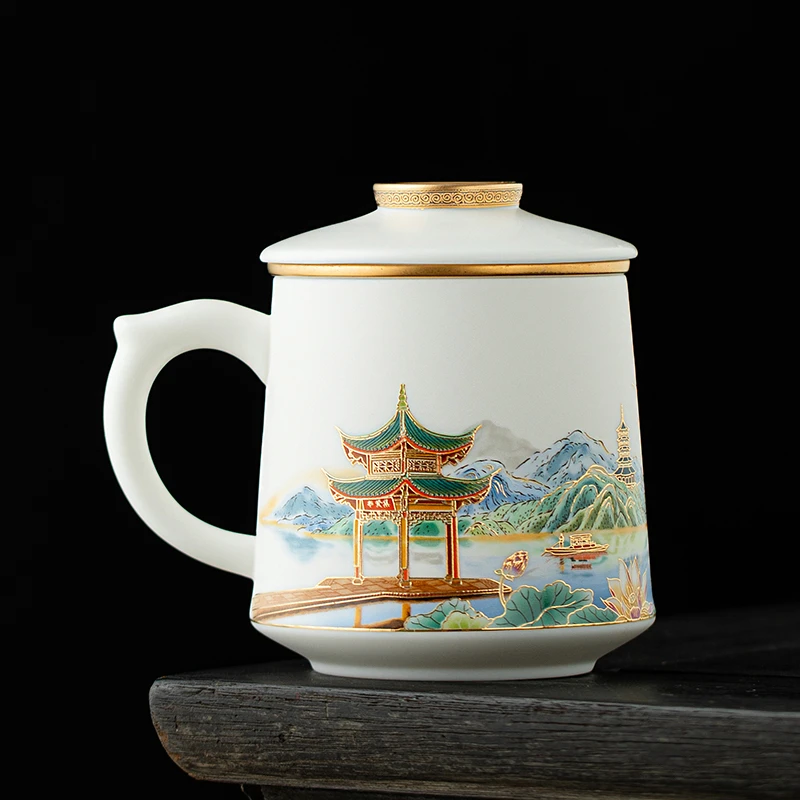 高档素烧羊脂玉白瓷描金山水西湖带盖办公室水杯茶水分离泡茶杯子