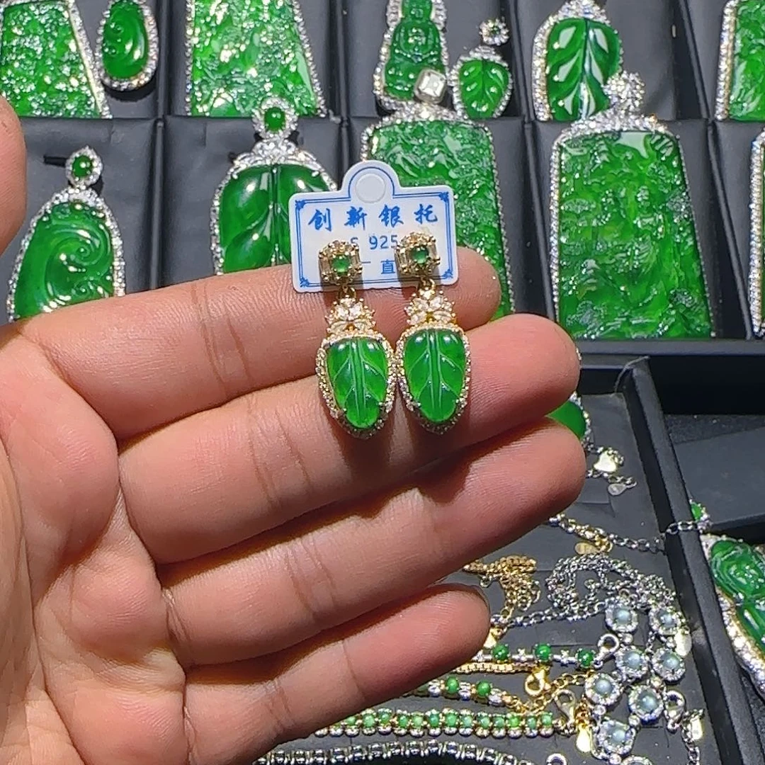 翡翠银S925镀金镶嵌耳饰