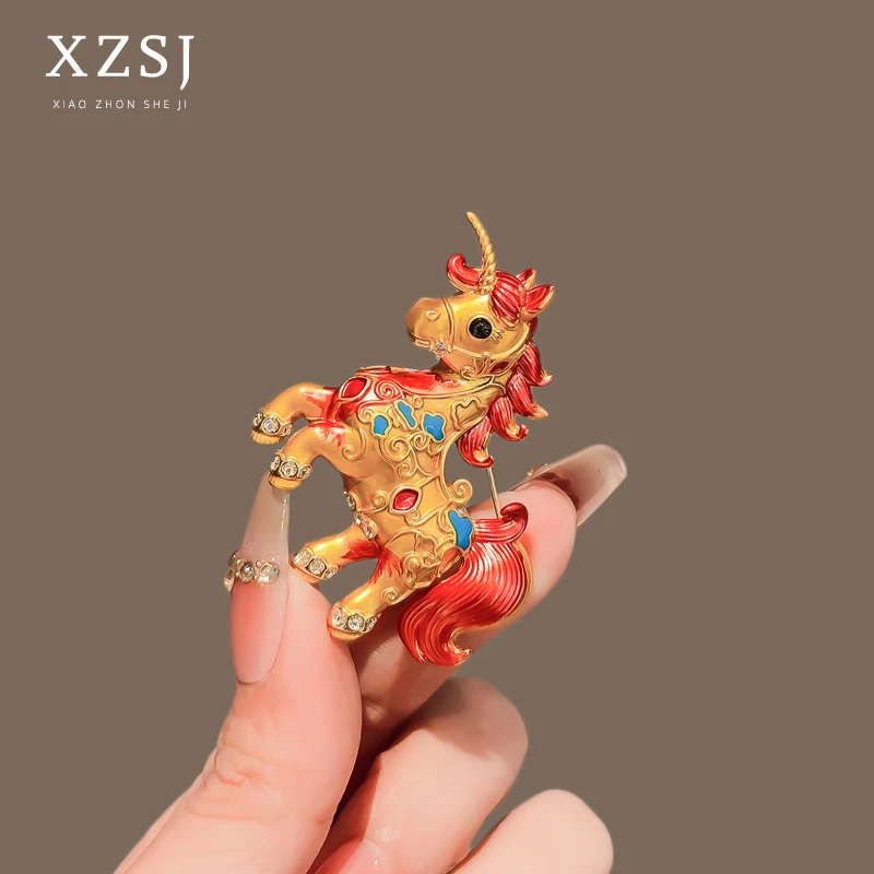 铜珐琅胸针 新款手工祥瑞小马胸针女国风轻奢高档独角兽胸花配饰
