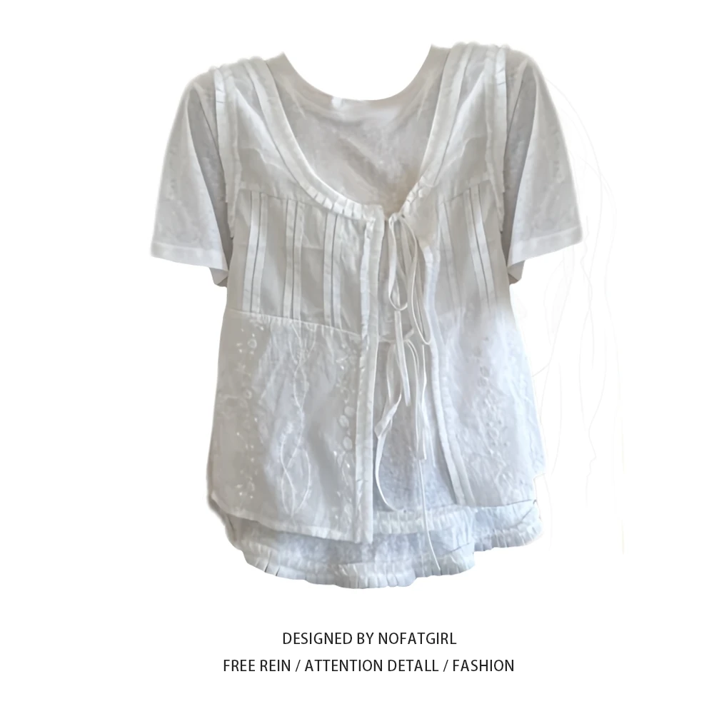 大码胖MM法式木耳边背心+短袖T恤两件套上衣女夏绣花系带减龄小衫