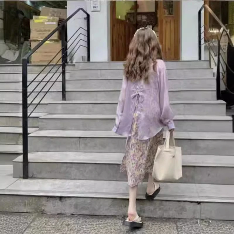 后背开叉冰丝雪纺衬衫女夏季外搭空调衫轻薄透气防晒衬衣显瘦上衣