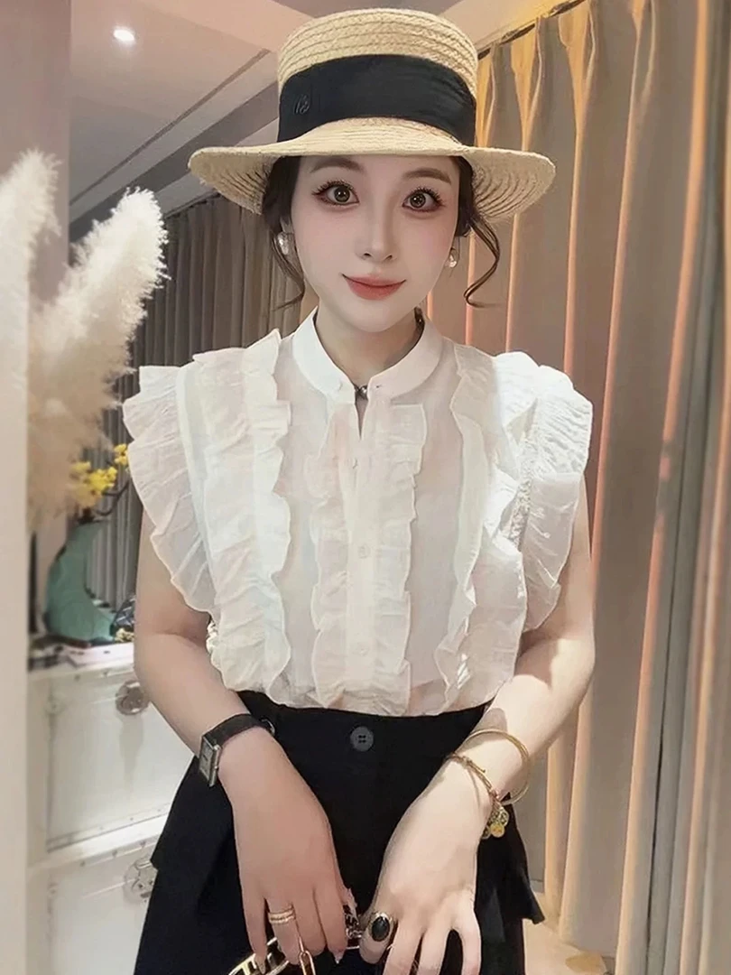 大码微胖mm 法式木耳边衬衫女2025新款夏季高级感雪纺衫气质上衣