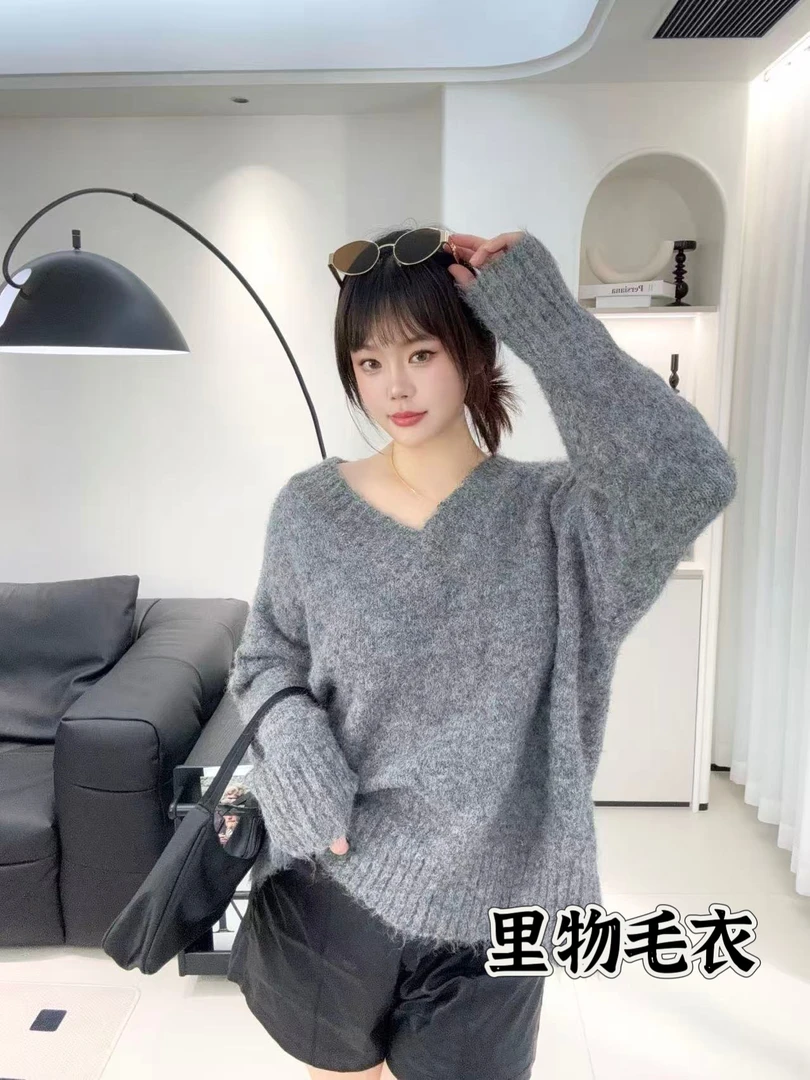 【里物毛衣】复古宽松慵懒风大v领套头长袖毛衣女中长款针织衫