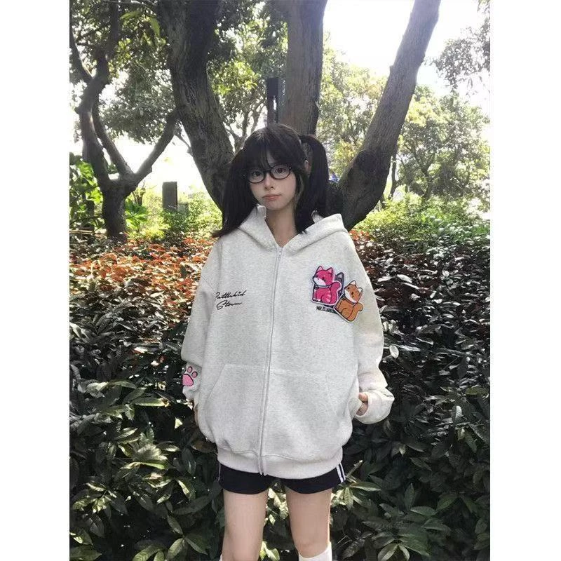 【立体装饰】美式刺绣小猫魔术贴连帽卫衣女秋冬宽松慵懒百搭外套