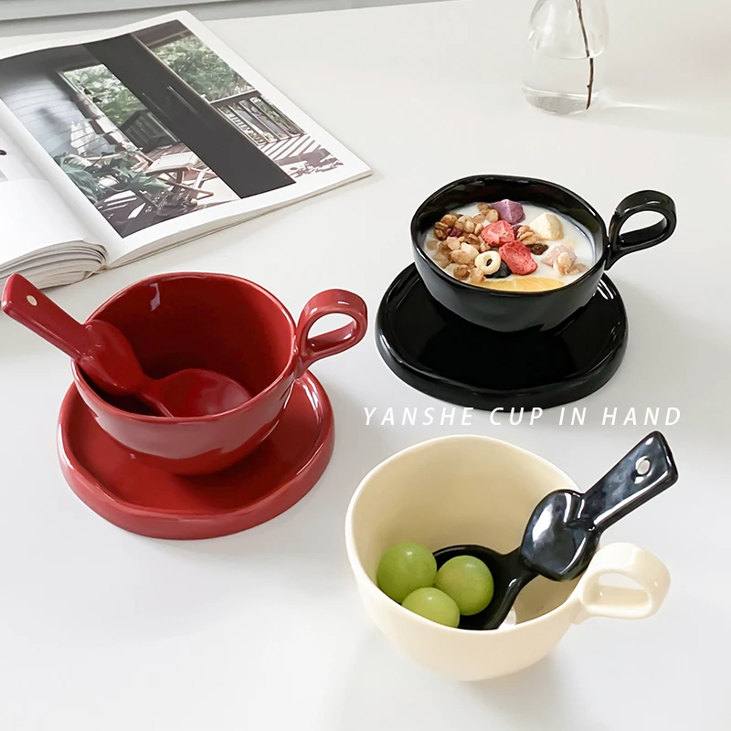 韩式ins红色提手陶瓷水杯咖啡杯高颜值早餐杯牛奶杯马克杯带杯垫