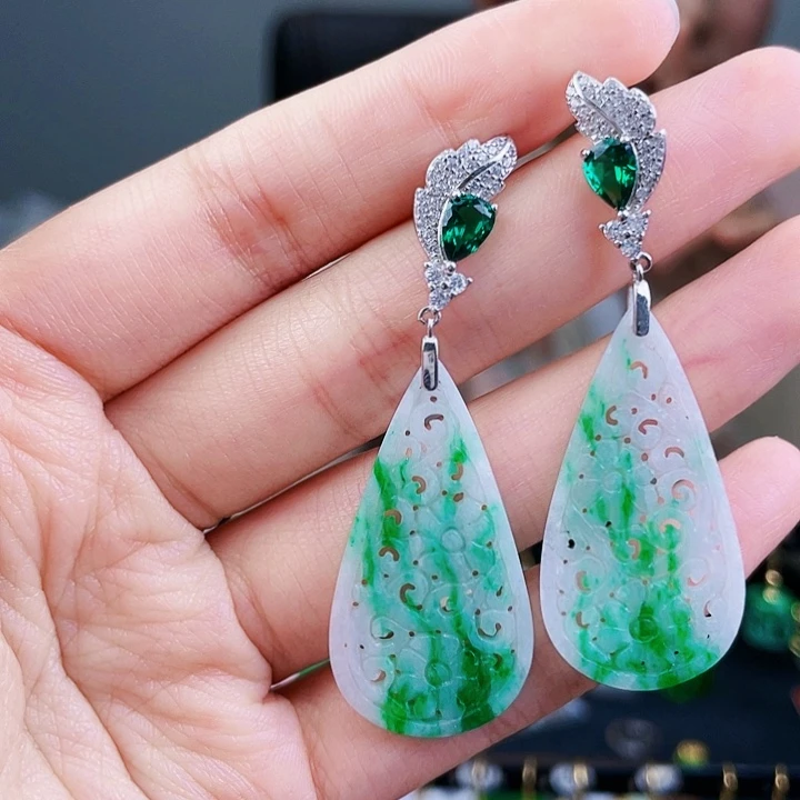 翡翠耳饰银S925镶嵌饰品