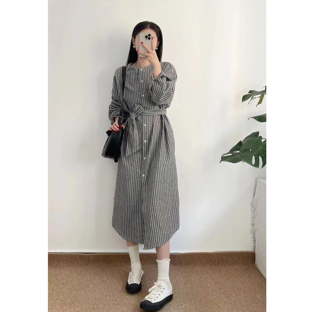AMAZCOOL 复古中长款慵懒风条纹衬衫连衣裙宽松外穿韩版340