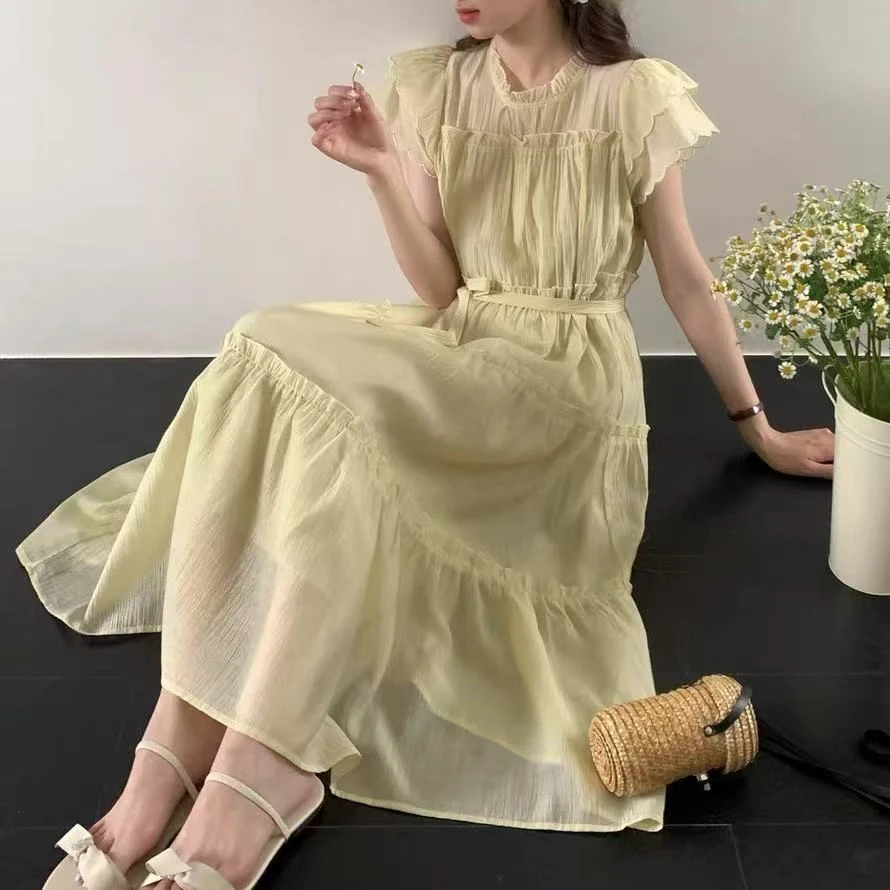 518/6338-2/152  圆领短袖连衣裙时尚洋气显瘦减龄气质直筒裙