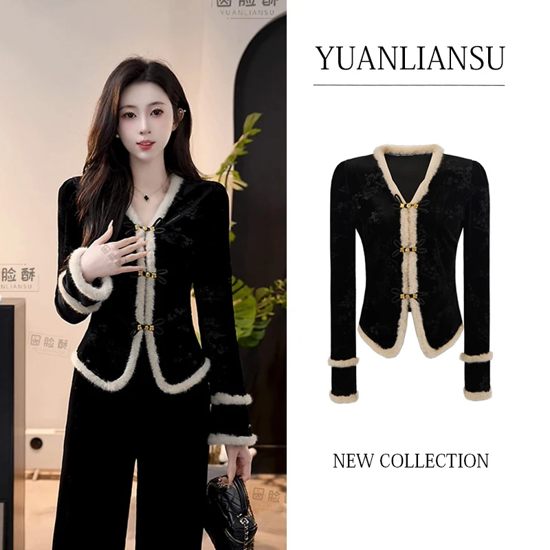 【绮梦干年】秋冬新中式国风黑色盘扣丝绒衬衫女加厚复古时尚上衣