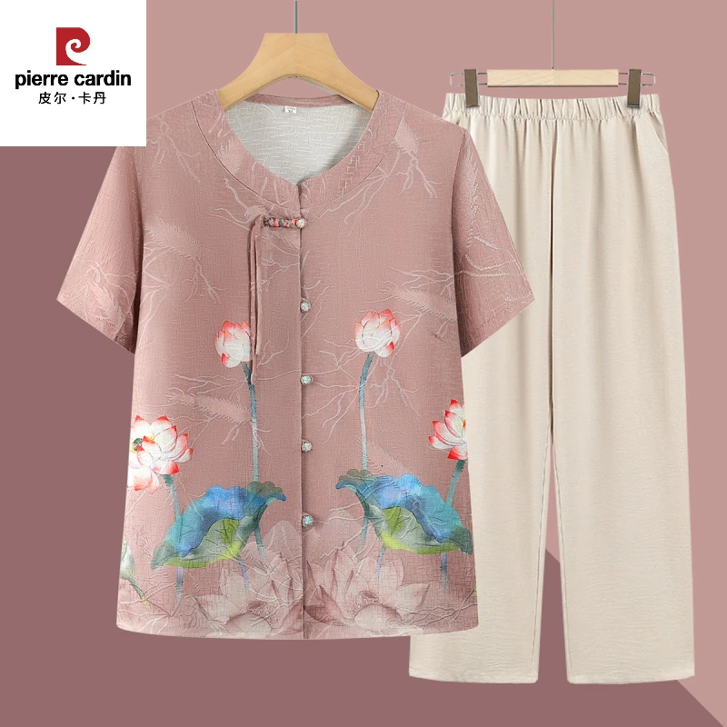 皮尔卡丹老年人夏装女妈妈装国风冰丝衬衫奶奶夏季恤短袖上衣老太