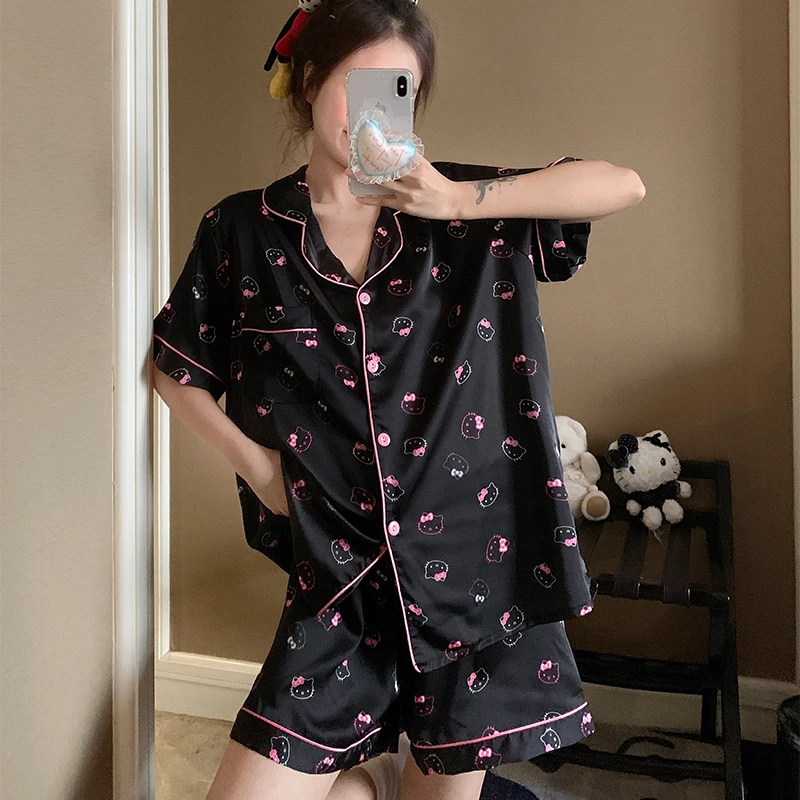 高级感玫红KT猫翻领冰丝大码睡衣女夏清凉薄款短袖短裤甜美家居服