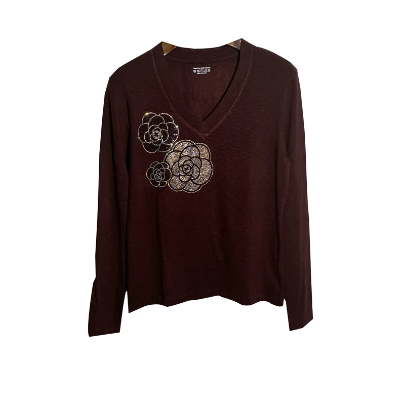 欧货磨毛重工烫钻V领T恤女