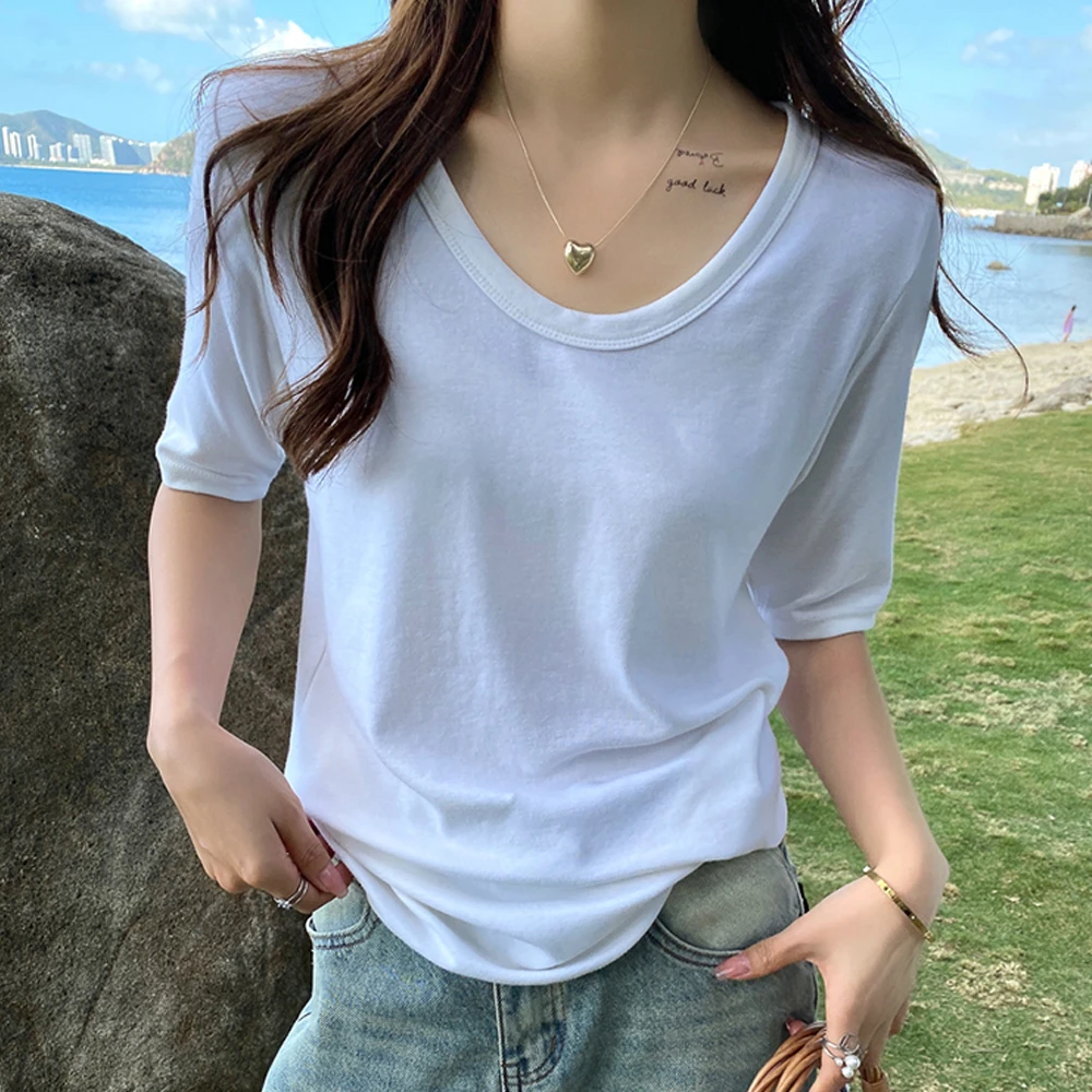 时尚简约鸭蛋领短袖套头薄款T恤夏季新款宽松显瘦百搭棉质上衣女