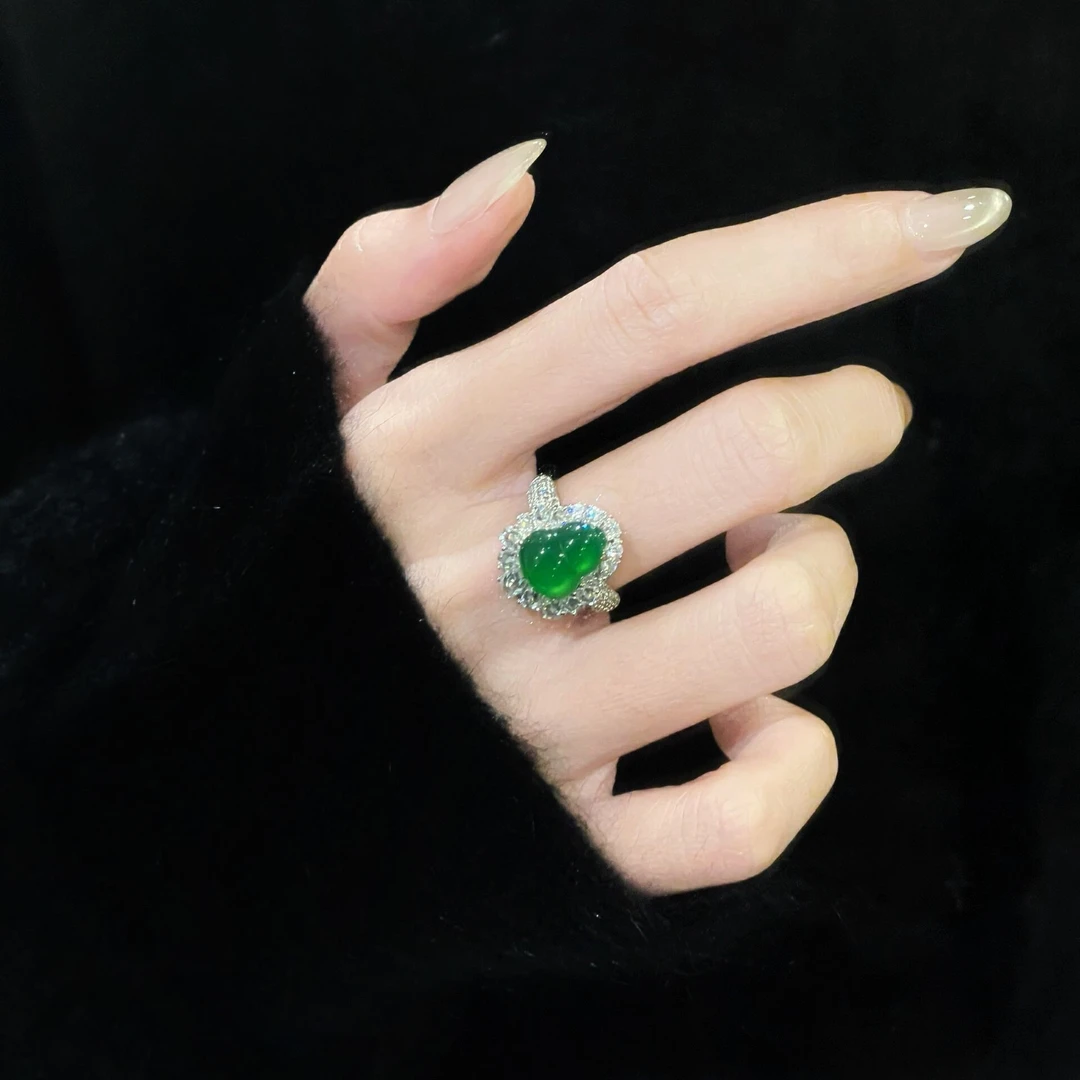 陈翡翡天然高冰葫芦戒指绿色玉石戒指菠菜绿玉戒指情侣款妈妈礼物