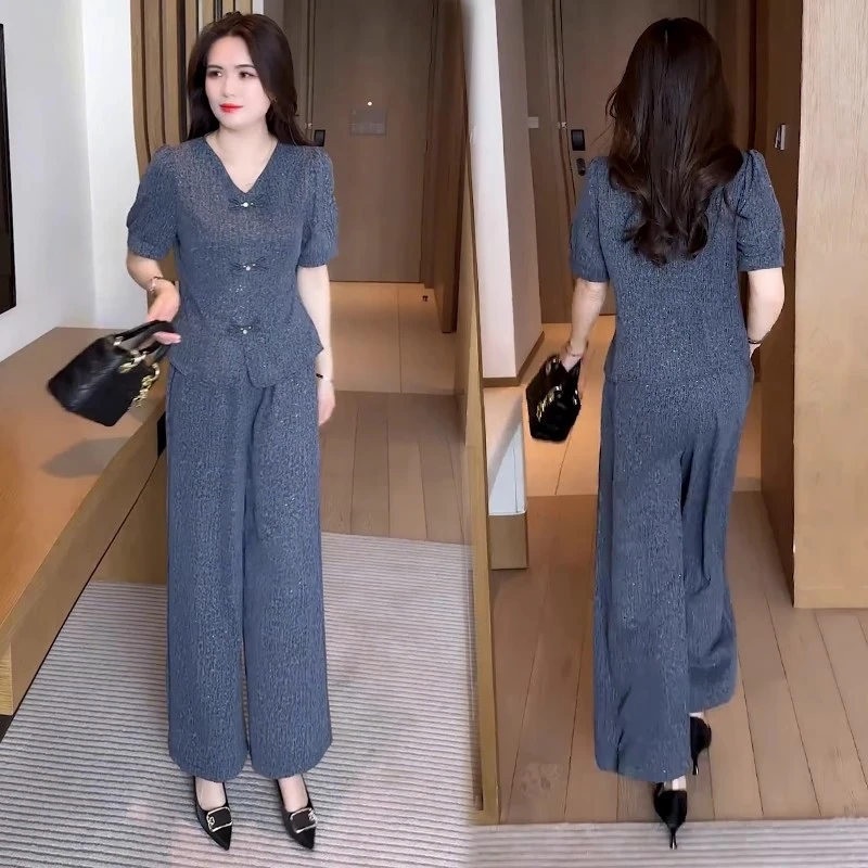 时尚套装女2025夏季新款时髦洋气V领短袖上衣阔腿裤气质两件套潮