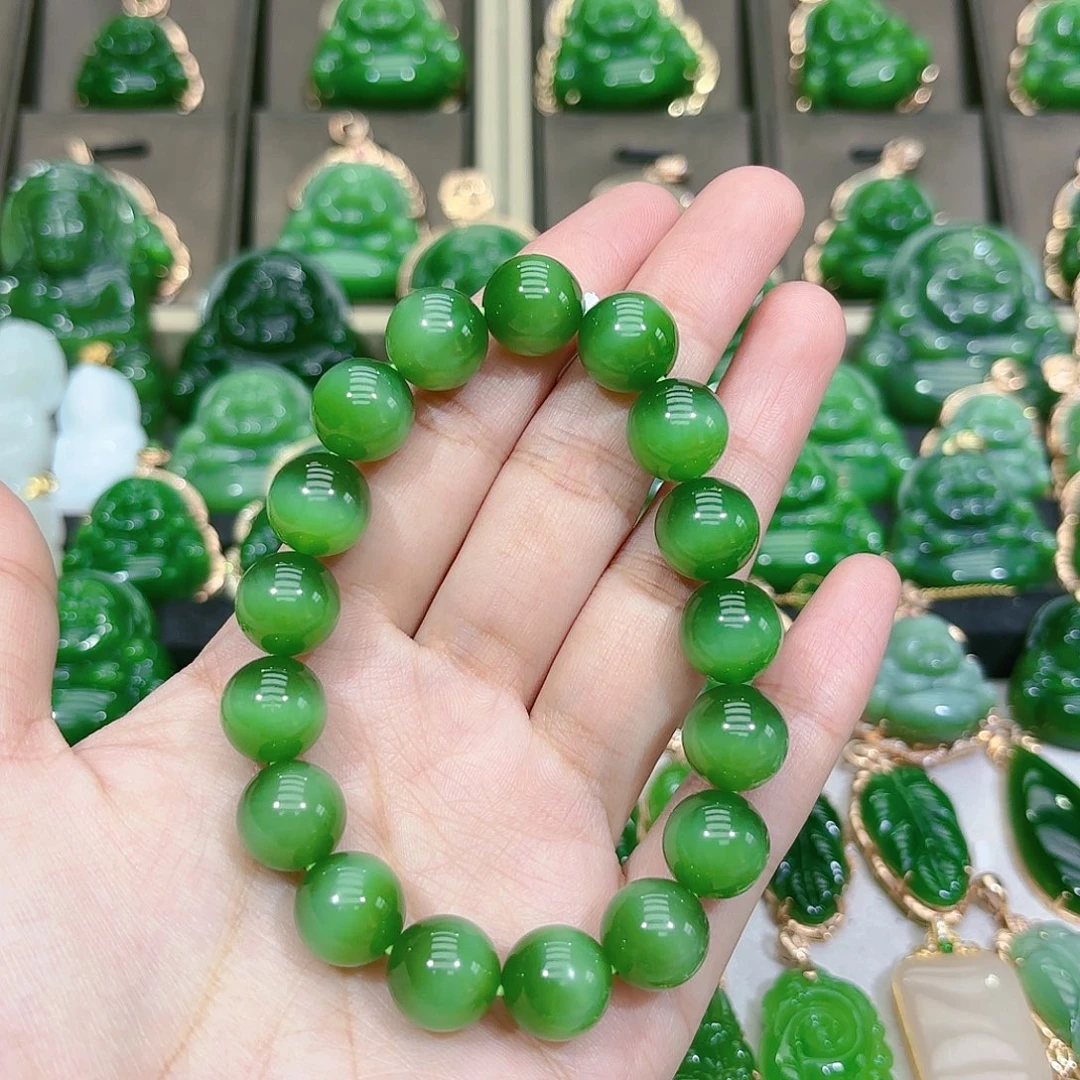 和田玉（碧玉）手串未镶嵌11m冰绿猫单圈
