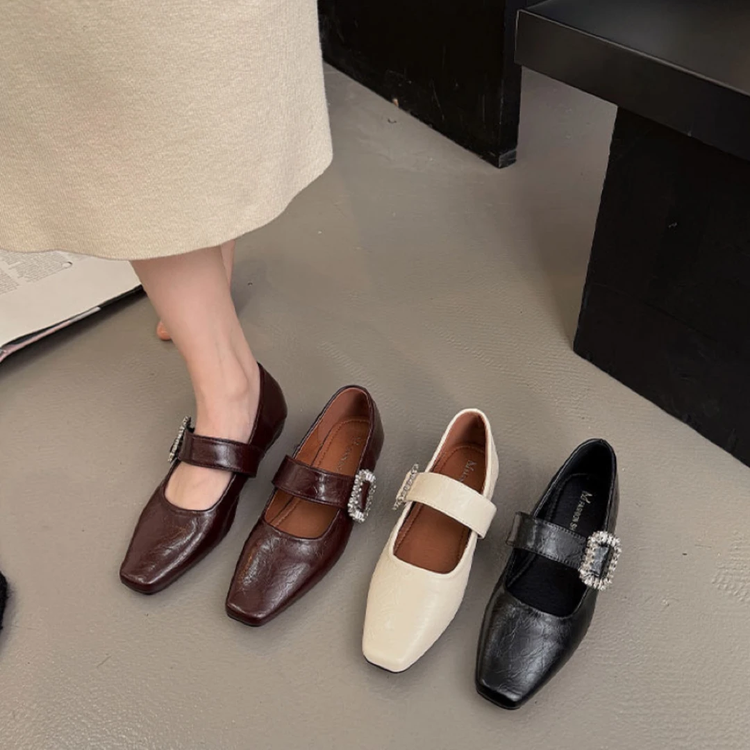 增高水钻安哥拉红色单鞋女2025新款春夏季法式粗跟方头玛丽珍单鞋