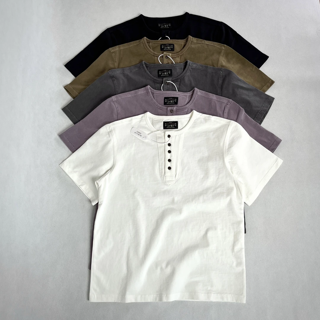 美式复古亨利领短袖t恤男2025夏季新款潮牌硬汉宽松纯棉半袖体恤