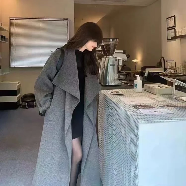 秋冬新款韩版宽松大翻领中长款双面羊毛手工缝制毛呢大衣8816外套