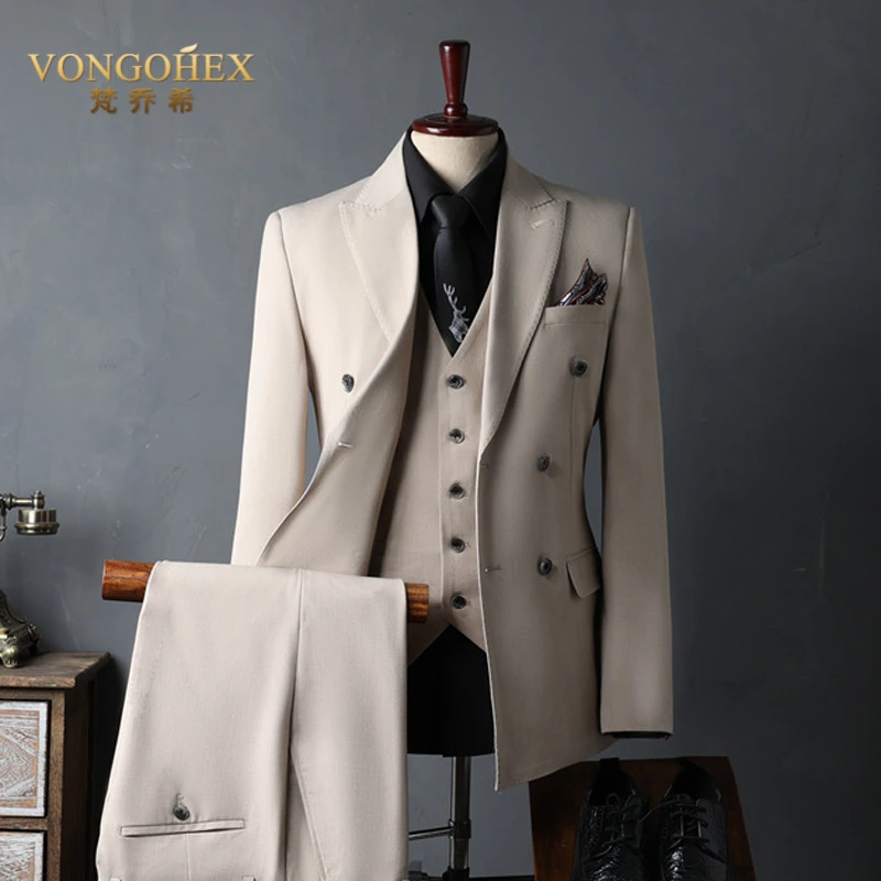 VONGOHEX英伦西服套装男士商务休闲时尚双排扣西装帅气三件套礼服