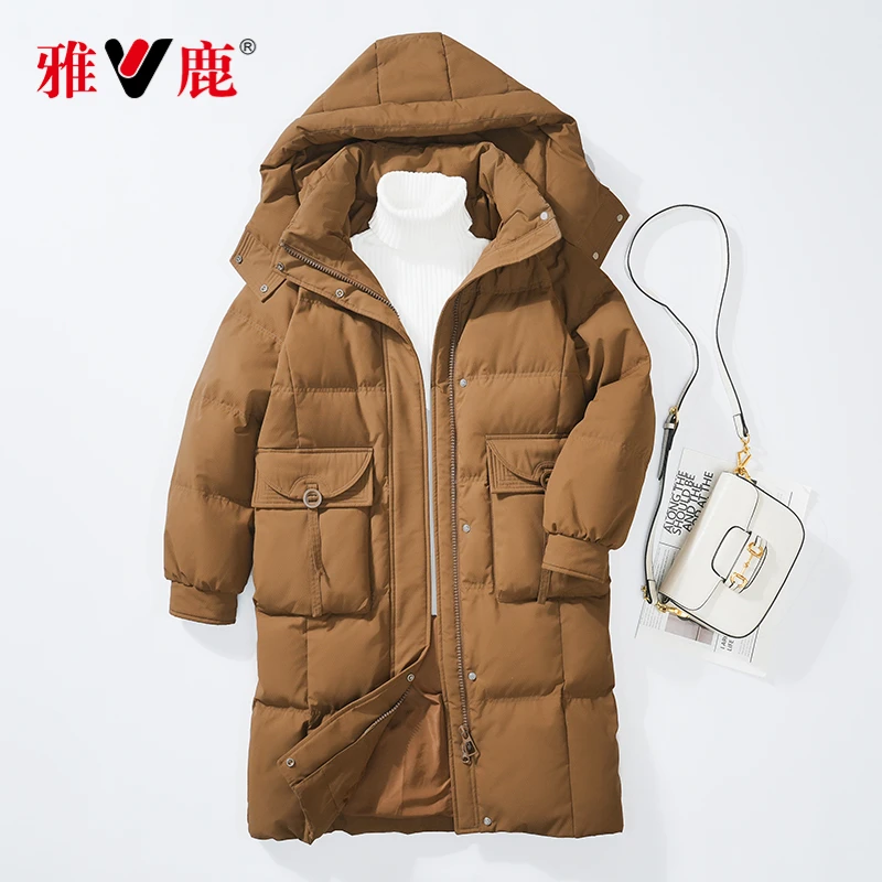 V/雅鹿90绒羽绒服女反季大清仓时尚连帽大码中长款防风过膝韩版