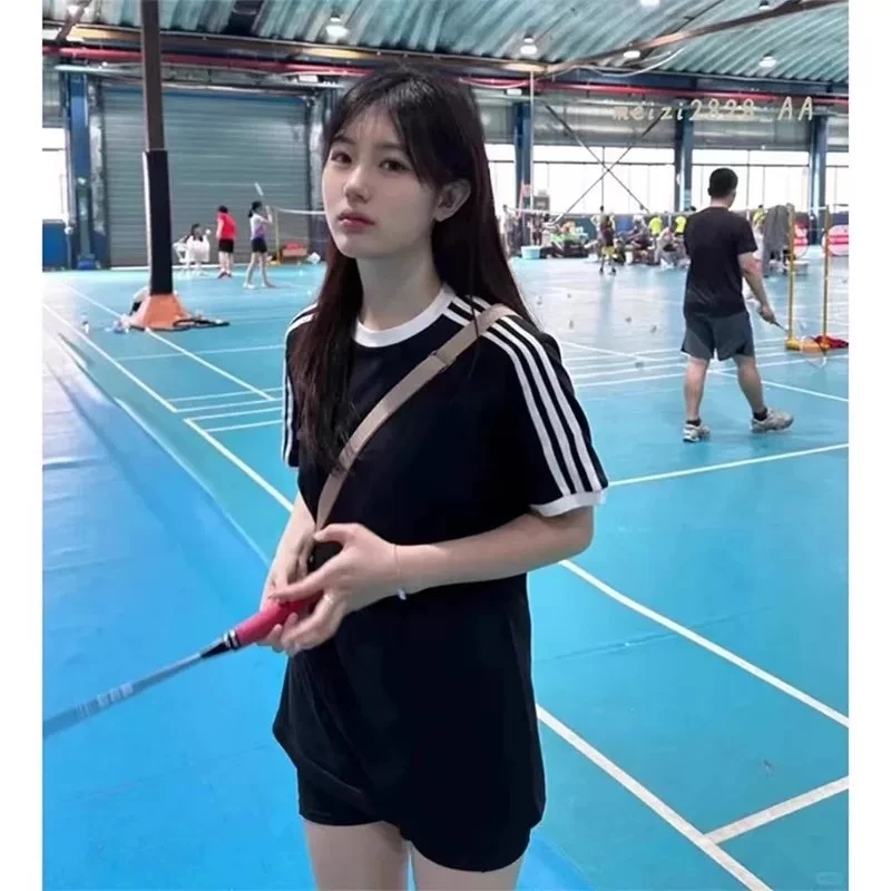 美式爆款黑色正肩短袖t恤女纯棉夏季内搭三条杠条纹修身显瘦上衣