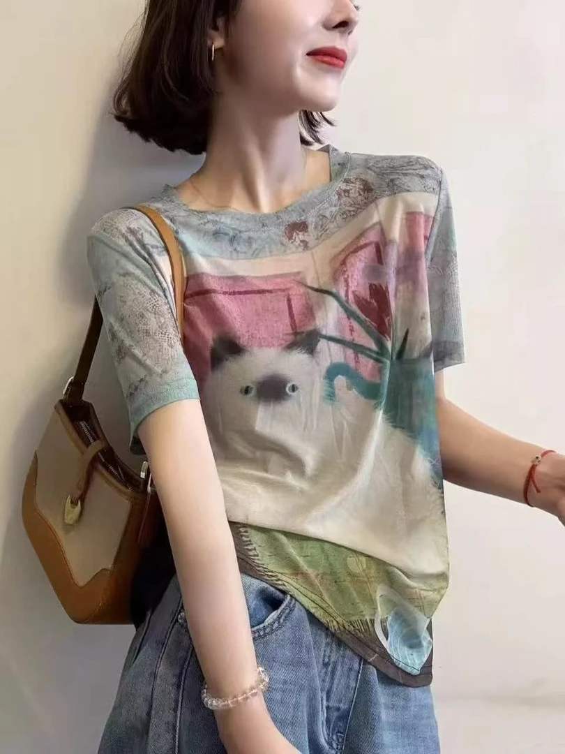 胸106-180长62圆领短袖印花休闲猫咪T恤休闲百搭上衣 1085