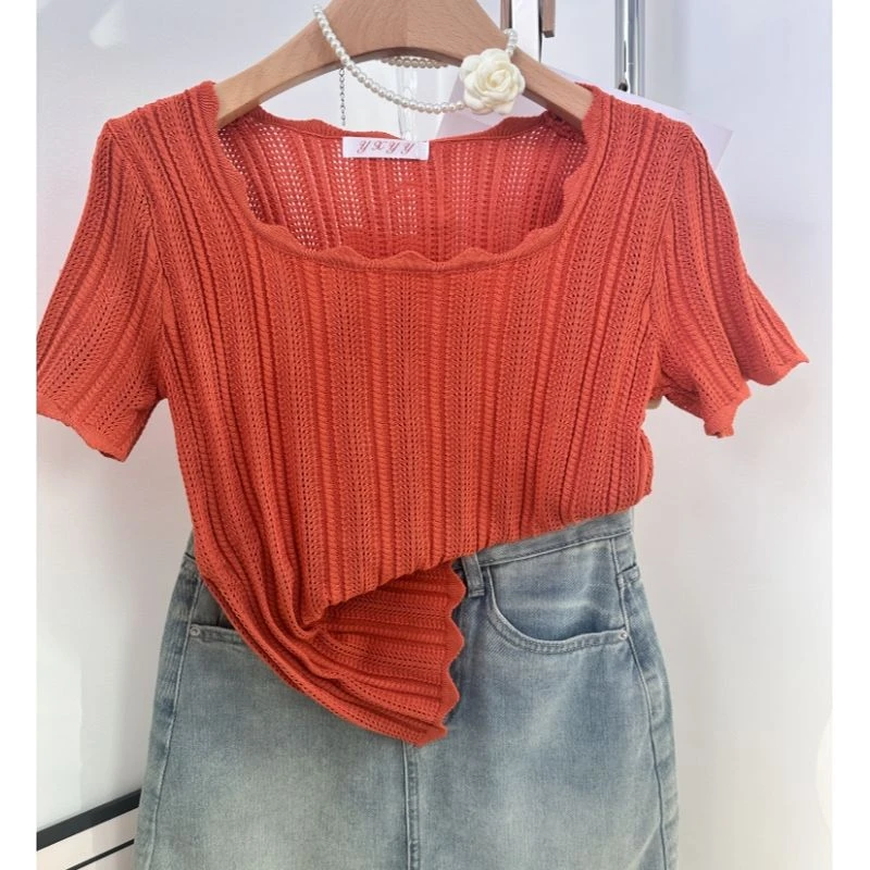 法式花边方领短袖针织衫女洋气减龄气质修身套头锁骨上衣夏季小衫