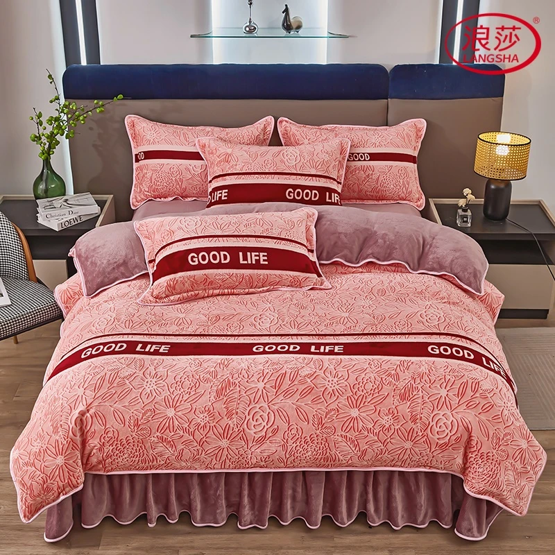 LangSha/浪莎升级款秋冬床裙加绒加厚绒印花牛奶绒四件套枕套随机