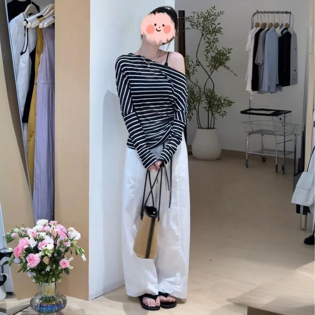 2025年夏季薄新款韩系显瘦条纹一字肩防晒长袖百搭度假气质上衣女