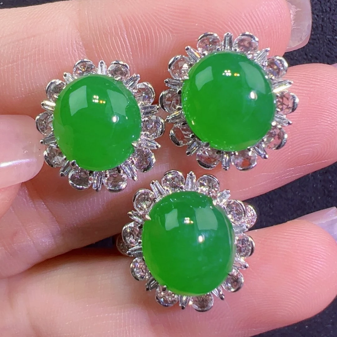 翡翠18K金镶嵌耳饰耳钉➕戒指一套