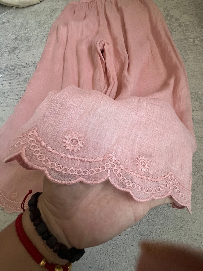 忆李白 {窈窕}松紧腰苎麻阔腿裤文艺复古国风直筒裤刺绣花边裤