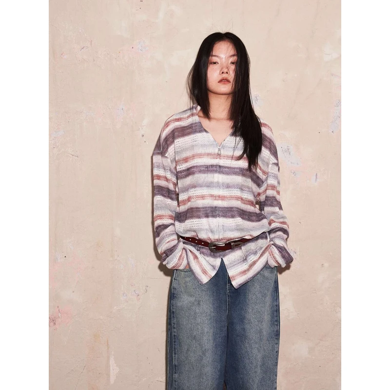 same flow情侣V领轻盈慵懒感彩色条纹凉意针织拉链复古开衫