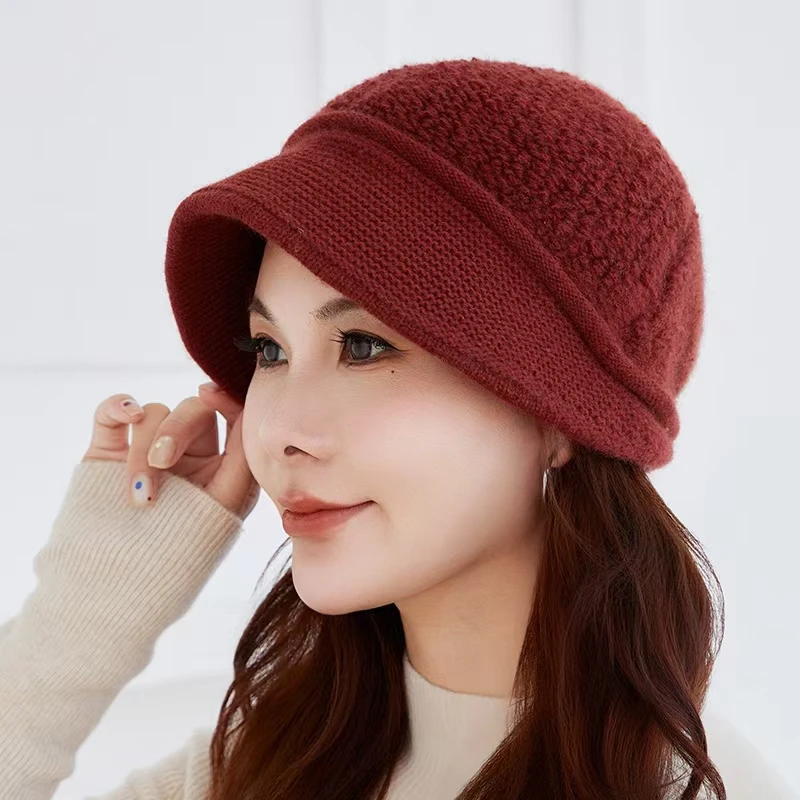 纯羊绒帽子女秋冬款加绒保暖护耳毛线帽复古法式百搭包头帽加厚