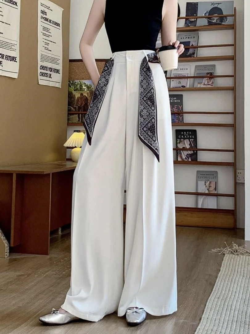 高腰显瘦阔腿裤韩版百搭配气质丝巾阔腿休闲西装裤裤子AM25837