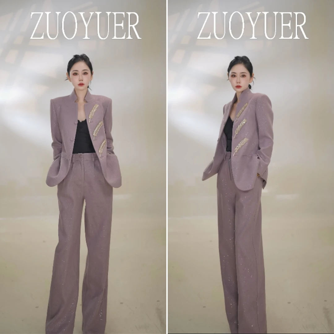 【Z.YE】冬季厚款中国风气质套装设计师紫色时尚套装