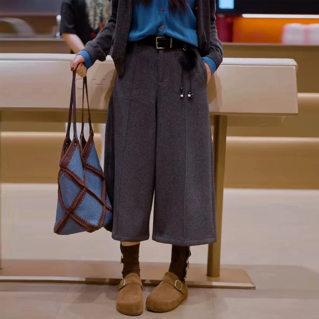 【完美裤】2025秋季新款时尚纯色高腰阔腿复古羊毛毛呢八分裤
