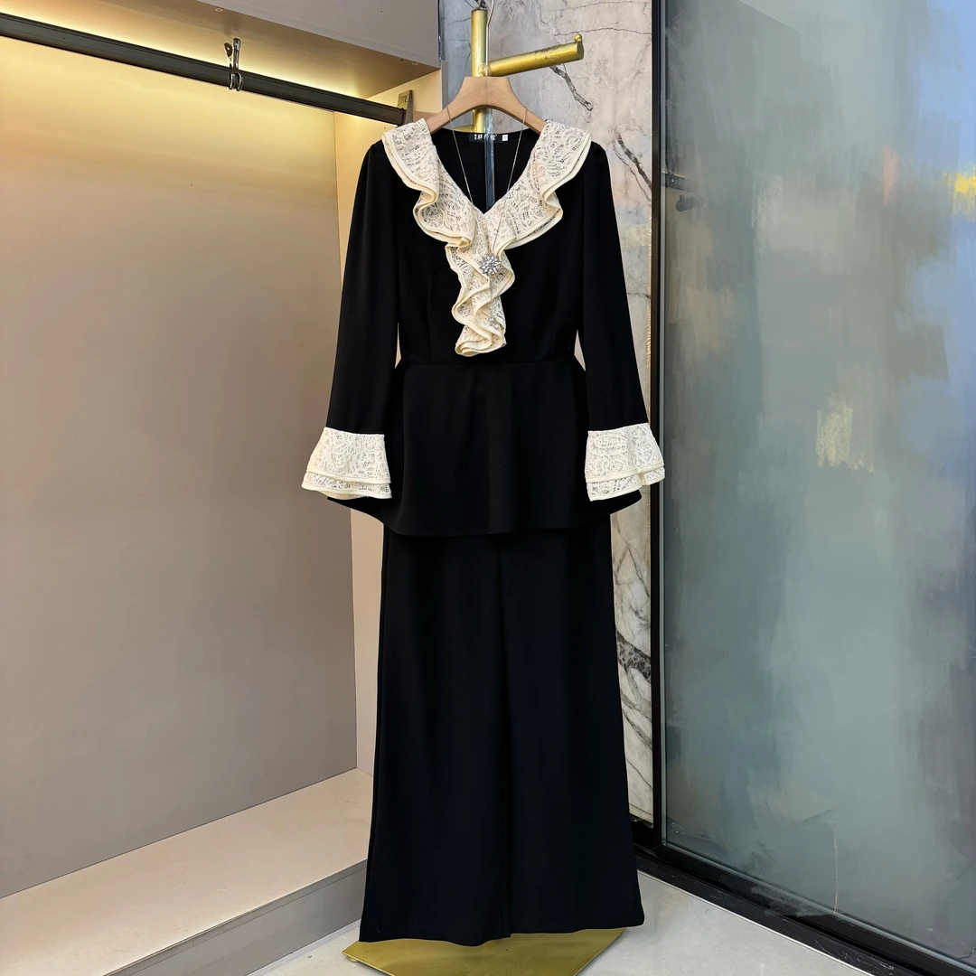 2025冬季新款蕾丝装饰v领收腰上衣+阔腿裤通勤风套装9192