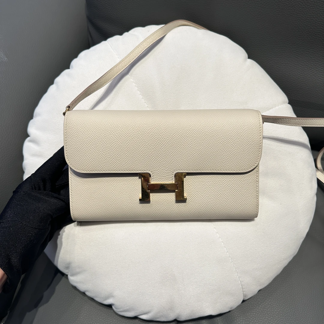 99新 Hermes/爱马仕 奶昔白康康Togo y刻 附肩带
