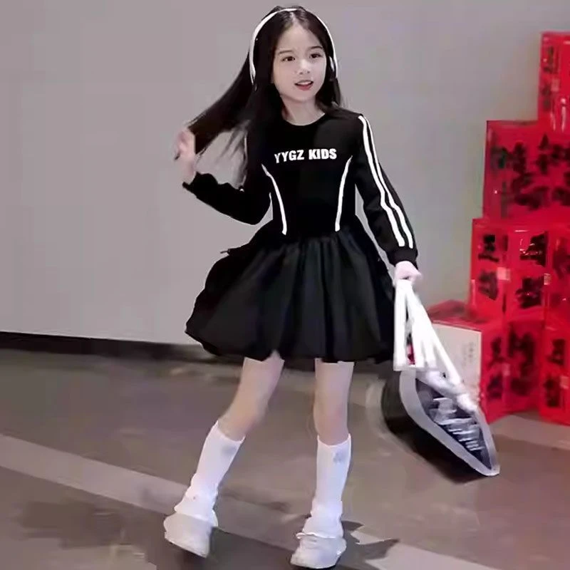 女童百褶连衣裙春款2025新款女孩长袖中腰裙子洋气时髦显瘦公主裙