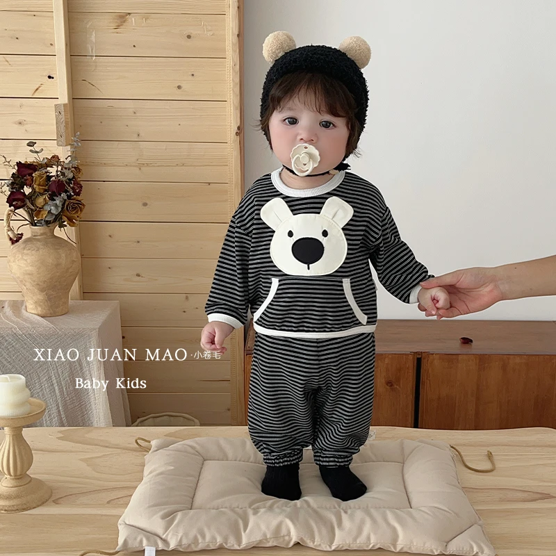 T25Q87男女宝宝秋装套装新款时髦衣服洋气熊头卫衣裤子两件套童装