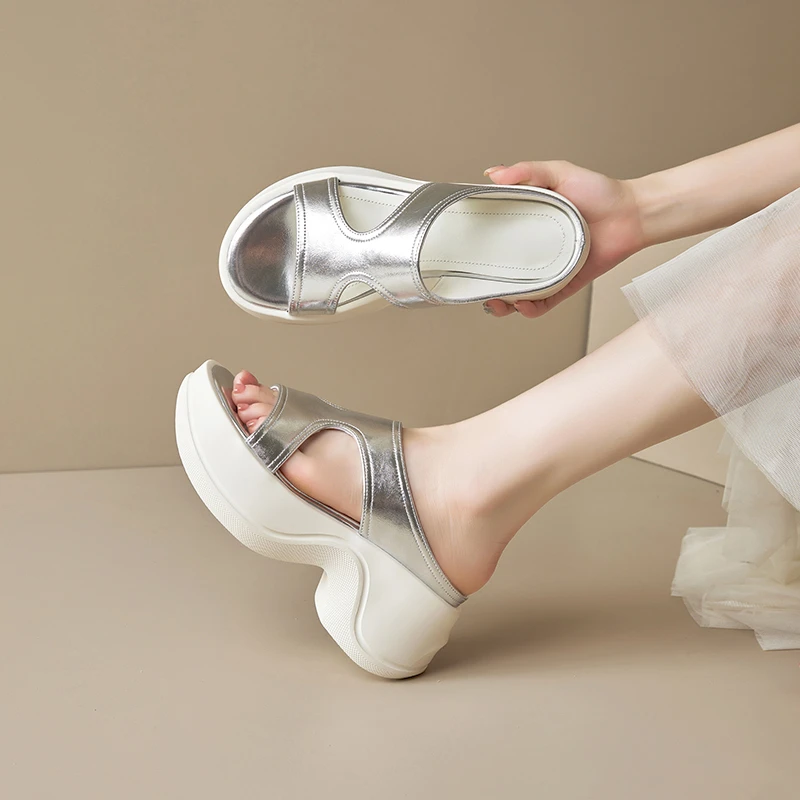 Guan Na 厚底松糕露趾一脚蹬拖鞋女真皮小个子增高百搭沙滩拖鞋