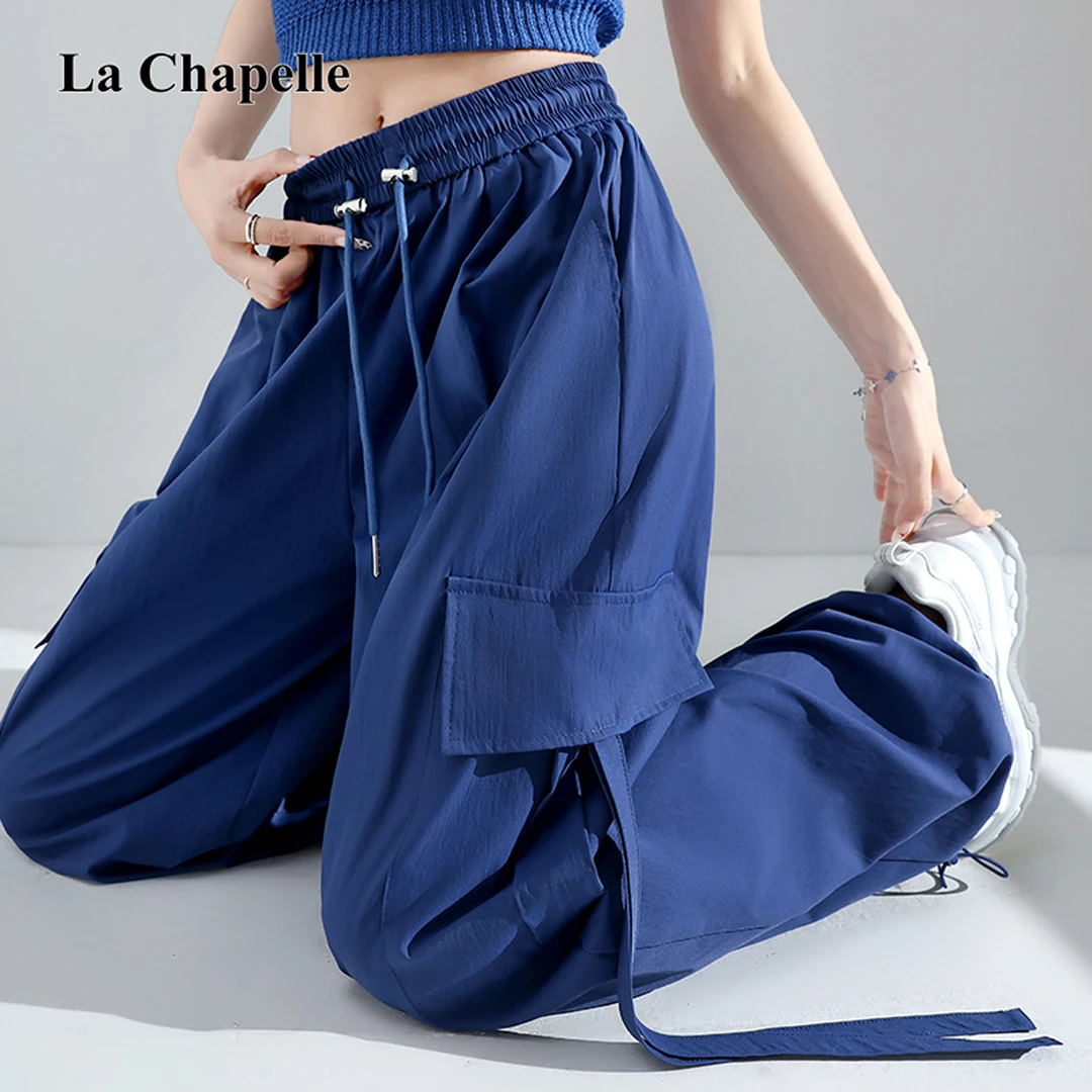 拉夏贝尔克莱因蓝工装裤女早秋新款高腰显瘦束脚两穿休闲阔腿裤子