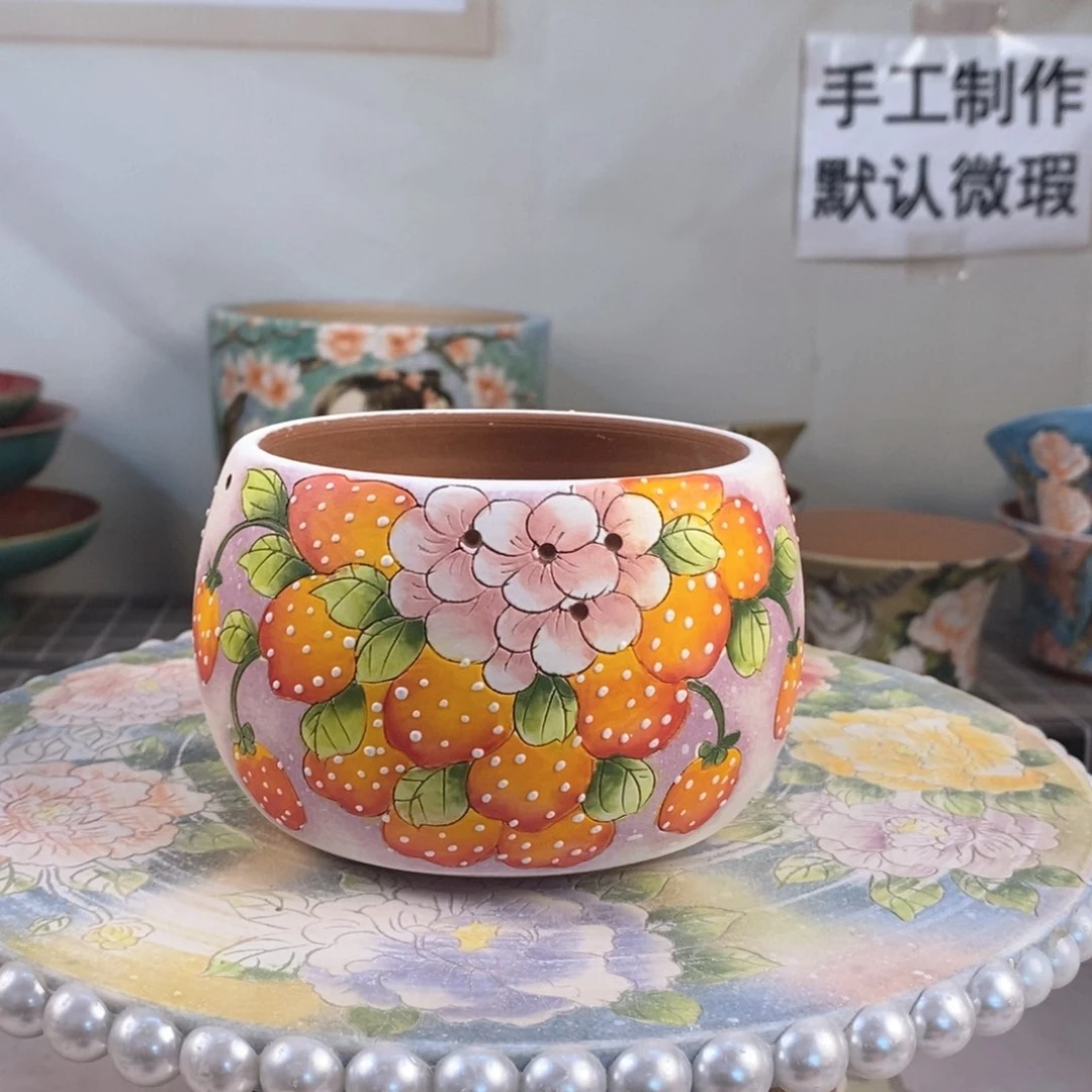 紫砂花盆红陶手绘花盆