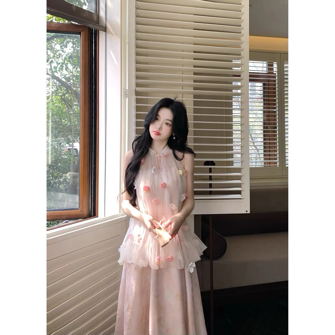超仙超好看夏季甜美风裙子重工气质拼接收腰显瘦立体花朵连衣裙女