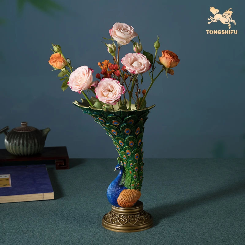 铜师傅《孔雀花瓶》客厅桌面轻奢铜摆件 家居装饰高档工艺品摆设