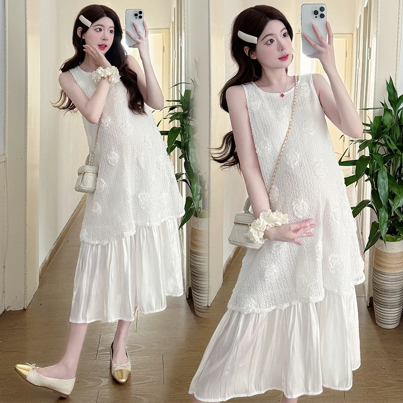 夏季孕妇时尚甜美连衣裙大码白色花朵荷叶边褶皱中长款无袖仙女裙